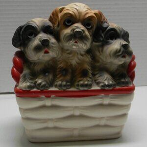 Vintage Puppies in a Basket Bank Porcelain